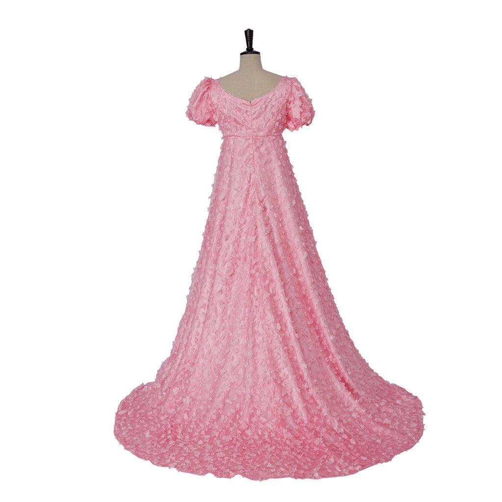 Pink Patterned Silk Satin Empire Gown - Medieval Regency Dress for Bridgerton Cosplay & Halloween-Astricos