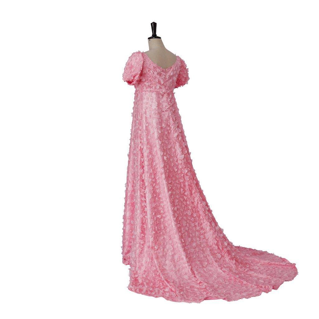 Pink Patterned Silk Satin Empire Gown - Medieval Regency Dress for Bridgerton Cosplay & Halloween-Astricos