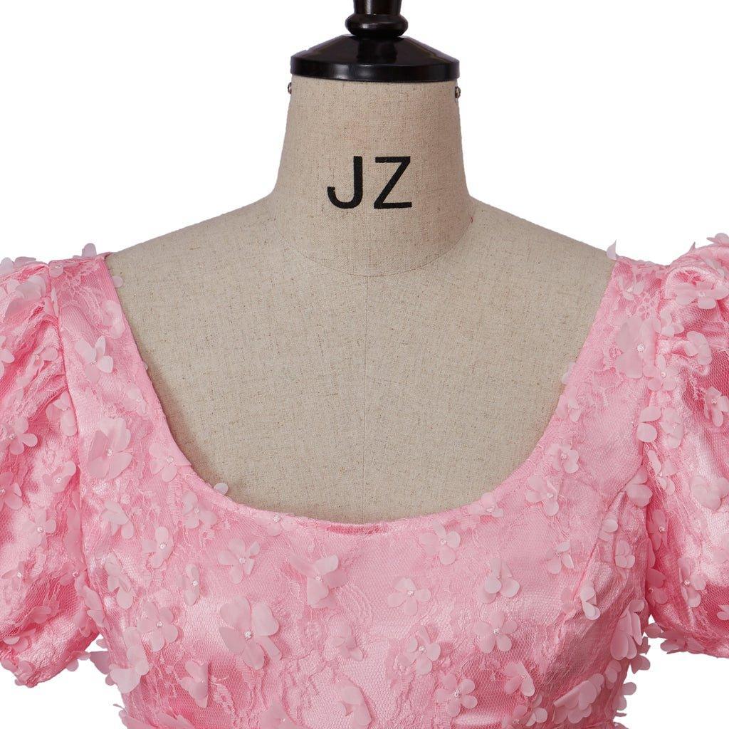 Pink Patterned Silk Satin Empire Gown - Medieval Regency Dress for Bridgerton Cosplay & Halloween-Astricos