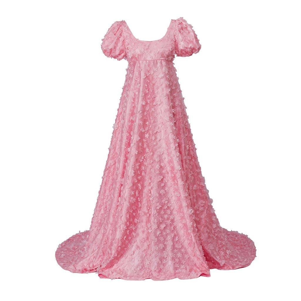 Pink Patterned Silk Satin Empire Gown - Medieval Regency Dress for Bridgerton Cosplay & Halloween-Astricos