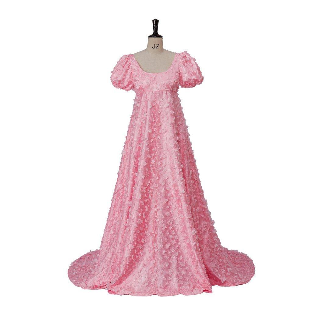 Pink Patterned Silk Satin Empire Gown - Medieval Regency Dress for Bridgerton Cosplay & Halloween-Astricos