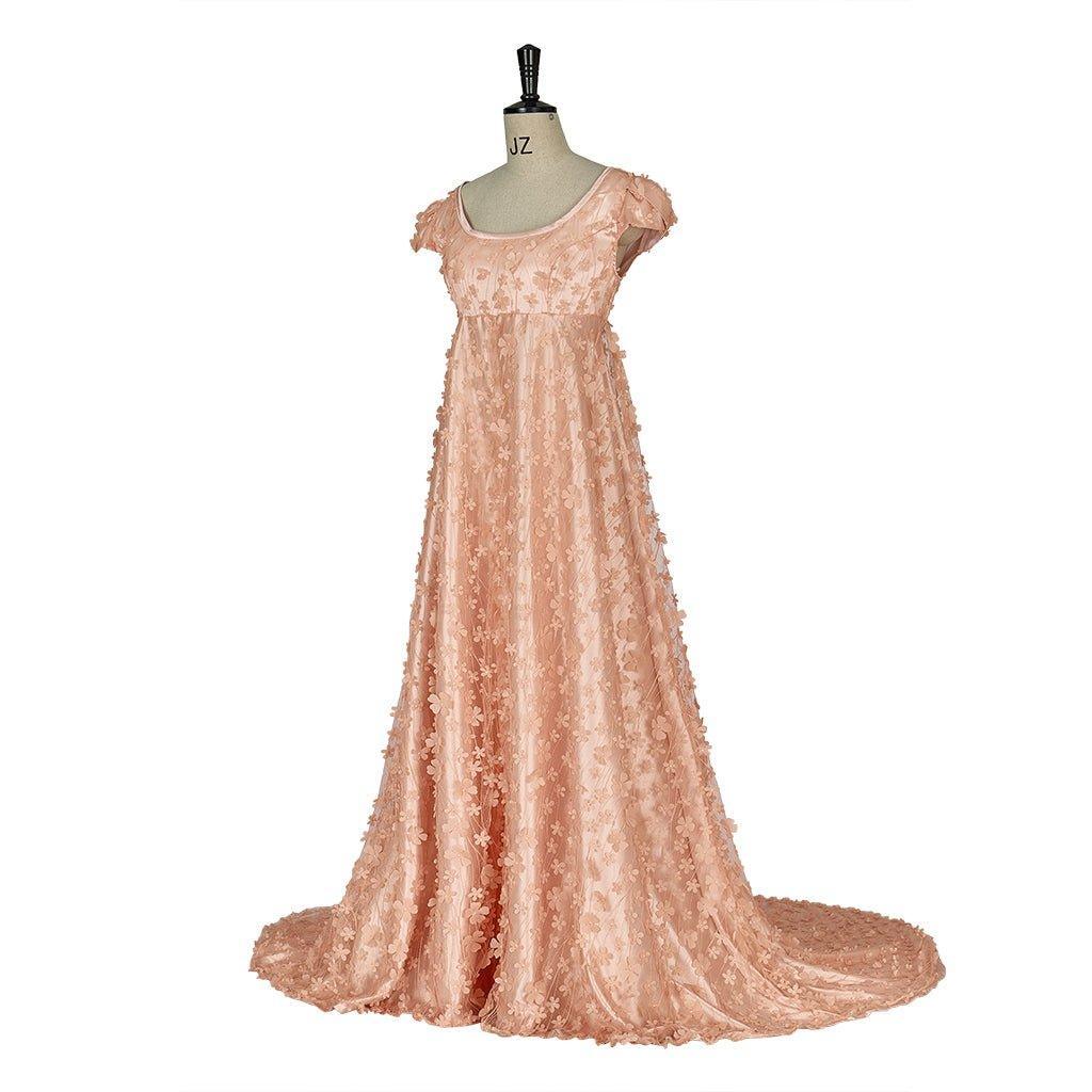 Pink Shiny Patterned Silk-Like Fabric Empire Gown - Bridgerton Cosplay & Historical Regency Dress-Astricos