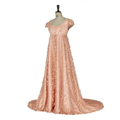 Pink Shiny Patterned Silk-Like Fabric Empire Gown - Bridgerton Cosplay & Historical Regency Dress-Astricos