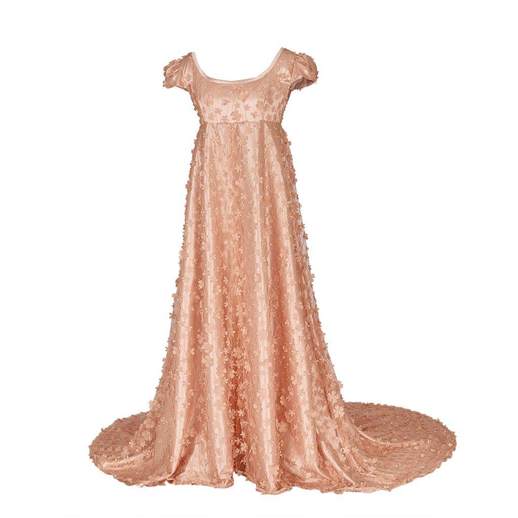 Pink Shiny Patterned Silk-Like Fabric Empire Gown - Bridgerton Cosplay & Historical Regency Dress-Astricos