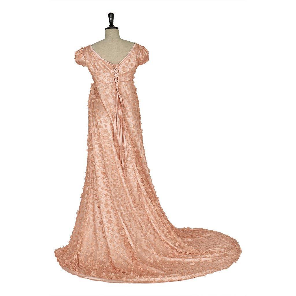 Pink Shiny Patterned Silk-Like Fabric Empire Gown - Bridgerton Cosplay & Historical Regency Dress-Astricos