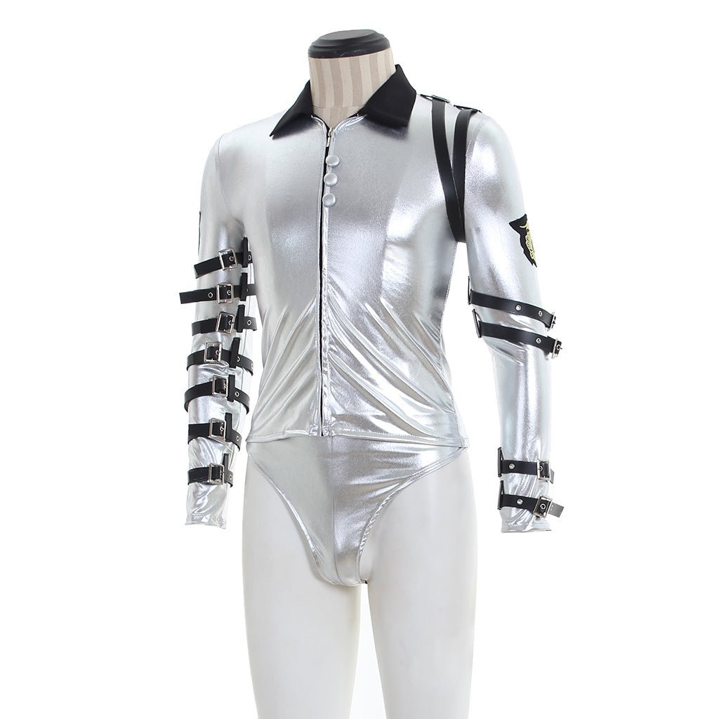 Punk MJ Michael Jackson Classic BAD Tour Silver Shine Bodysuit Jacket - Astricos Cosplay Costumes-Astricos