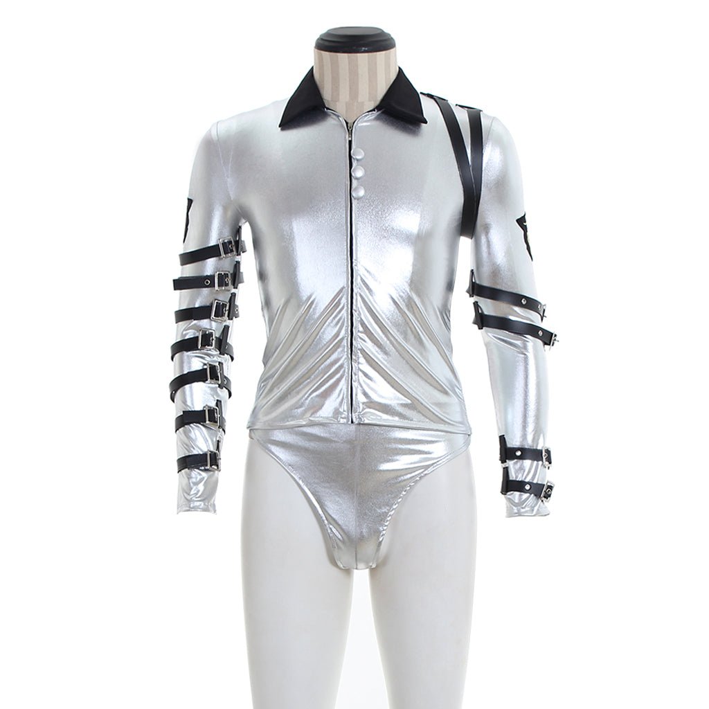 Punk MJ Michael Jackson Classic BAD Tour Silver Shine Bodysuit Jacket - Astricos Cosplay Costumes-Astricos