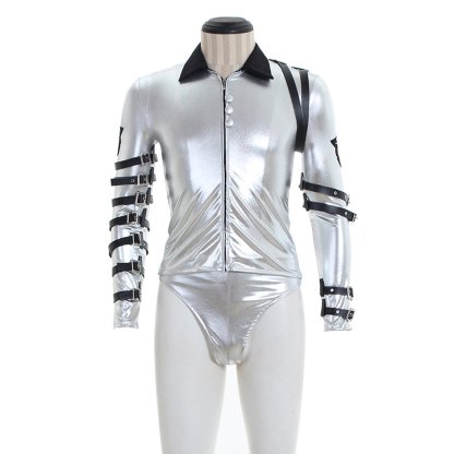 Punk MJ Michael Jackson Classic BAD Tour Silver Shine Bodysuit Jacket - Astricos Cosplay Costumes-Astricos