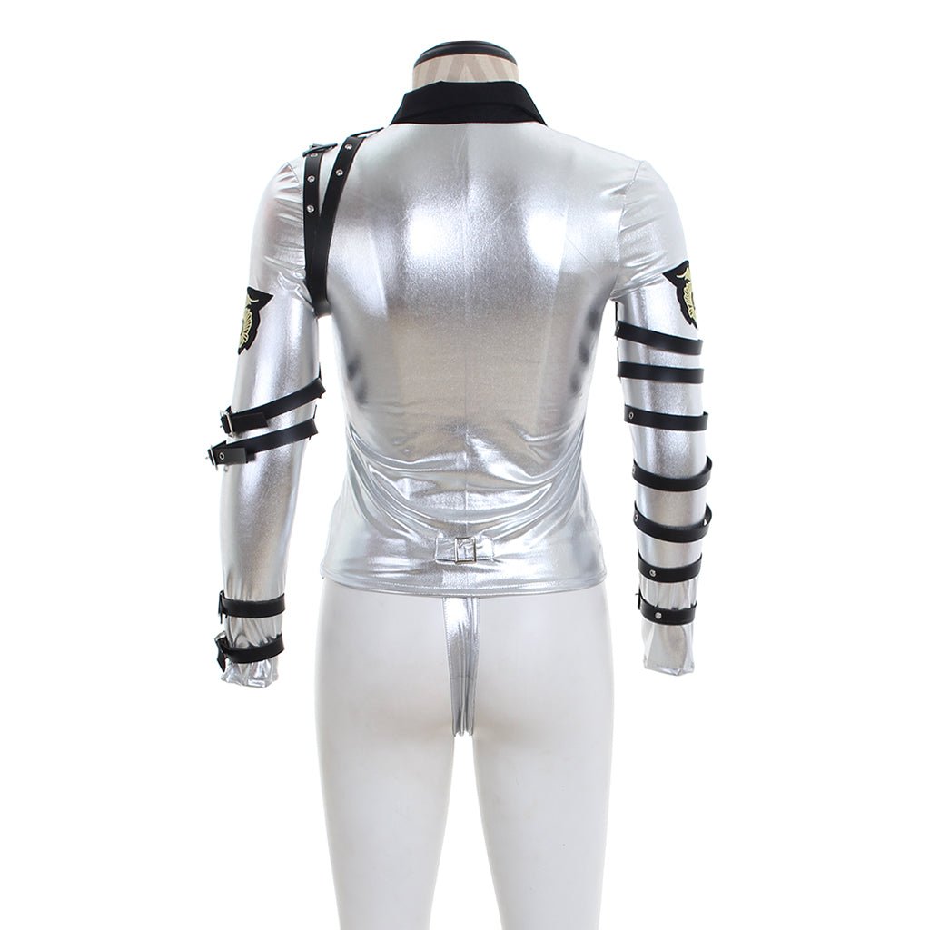Punk MJ Michael Jackson Classic BAD Tour Silver Shine Bodysuit Jacket - Astricos Cosplay Costumes-Astricos