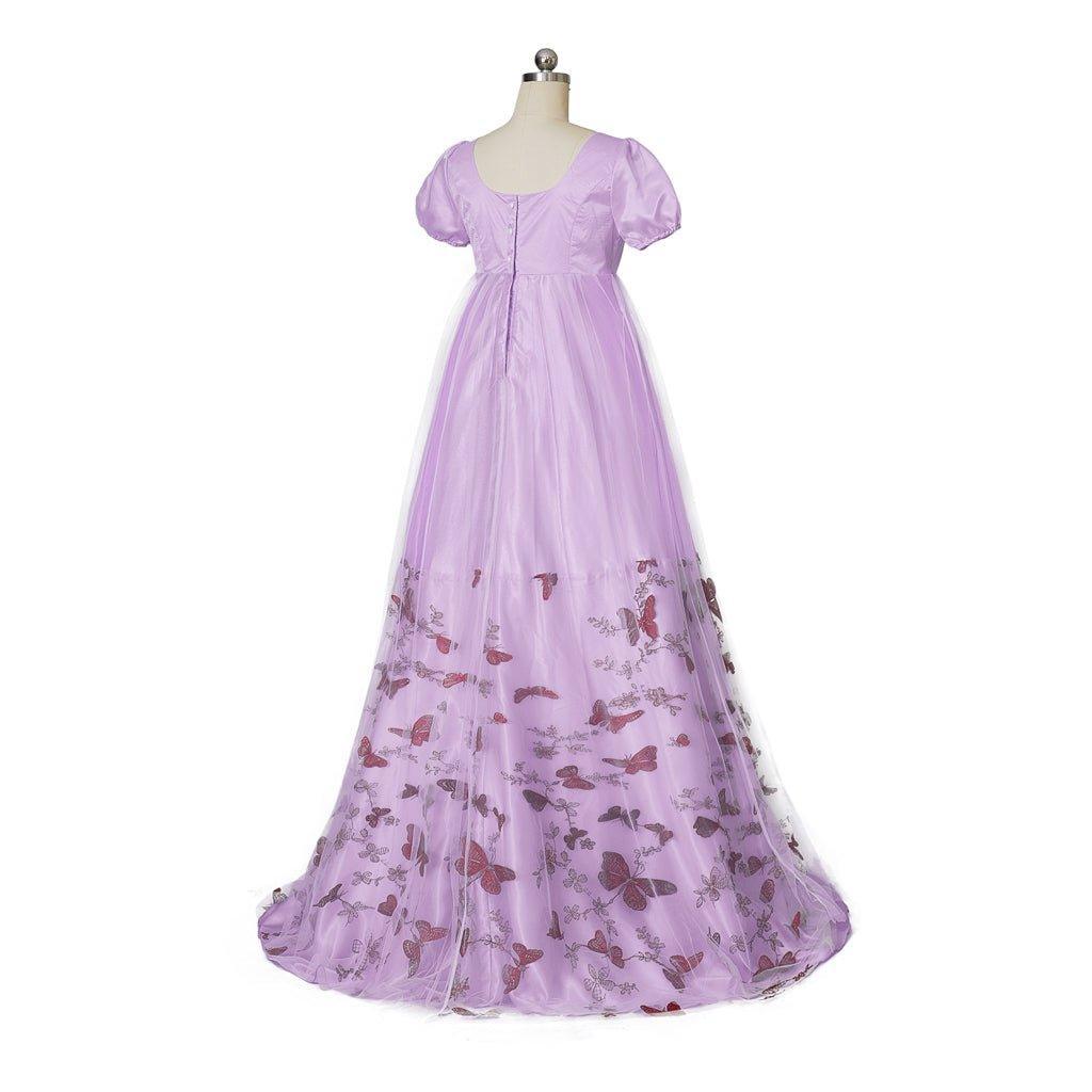 Bridgerton Inspired Purple Patterned Double-Layer Silk Empire Gown | Regency Era Cosplay Costume-Astricos