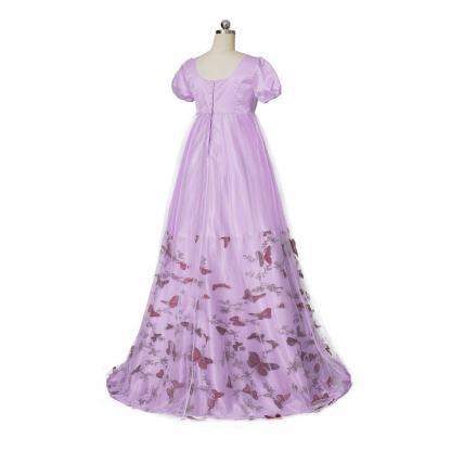 Bridgerton Inspired Purple Patterned Double-Layer Silk Empire Gown | Regency Era Cosplay Costume-Astricos