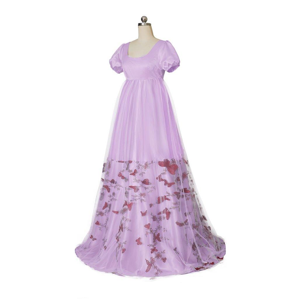 Bridgerton Inspired Purple Patterned Double-Layer Silk Empire Gown | Regency Era Cosplay Costume-Astricos