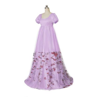 Bridgerton Inspired Purple Patterned Double-Layer Silk Empire Gown | Regency Era Cosplay Costume-Astricos