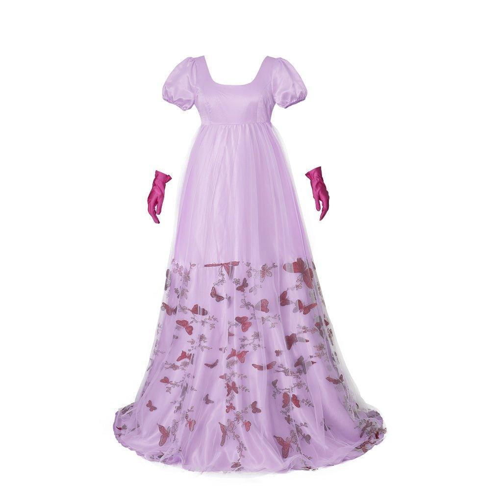 Bridgerton Inspired Purple Patterned Double-Layer Silk Empire Gown | Regency Era Cosplay Costume-Astricos