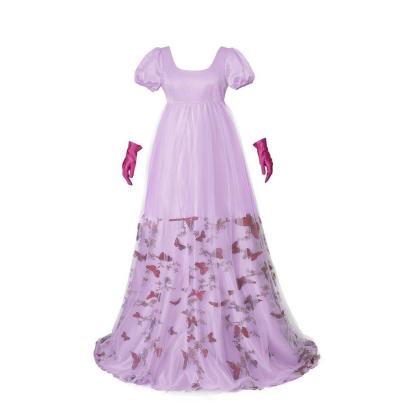 Bridgerton Inspired Purple Patterned Double-Layer Silk Empire Gown | Regency Era Cosplay Costume-Astricos