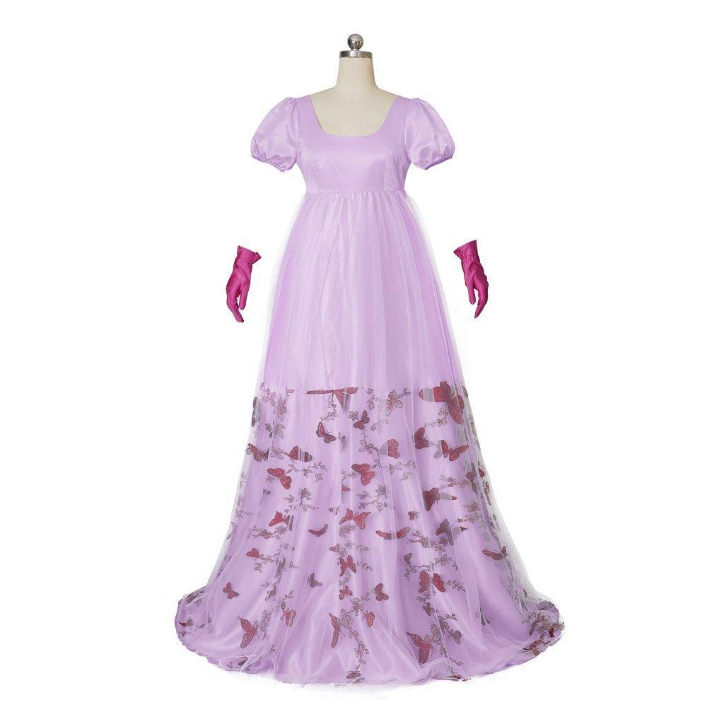 Bridgerton Inspired Purple Patterned Double-Layer Silk Empire Gown | Regency Era Cosplay Costume-Astricos