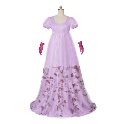 Bridgerton Inspired Purple Patterned Double-Layer Silk Empire Gown | Regency Era Cosplay Costume-Astricos