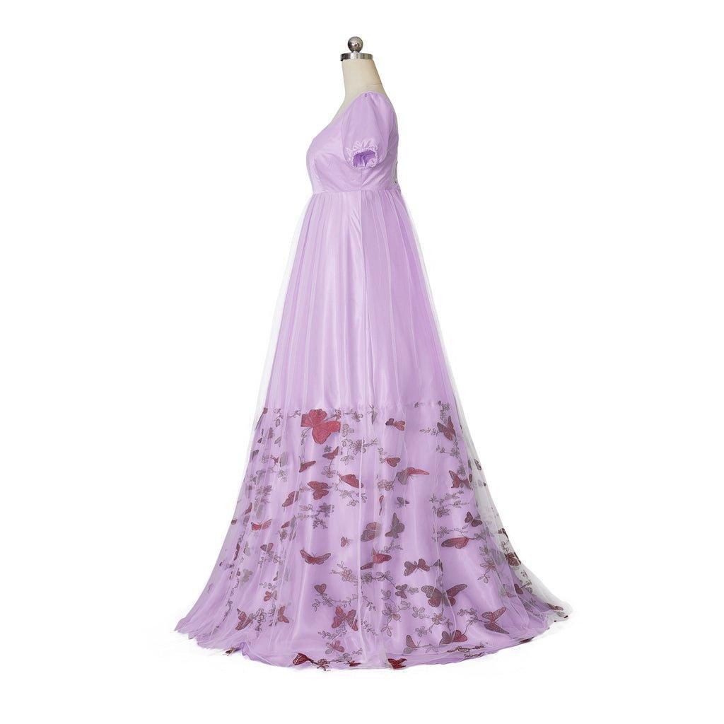 Bridgerton Inspired Purple Patterned Double-Layer Silk Empire Gown | Regency Era Cosplay Costume-Astricos
