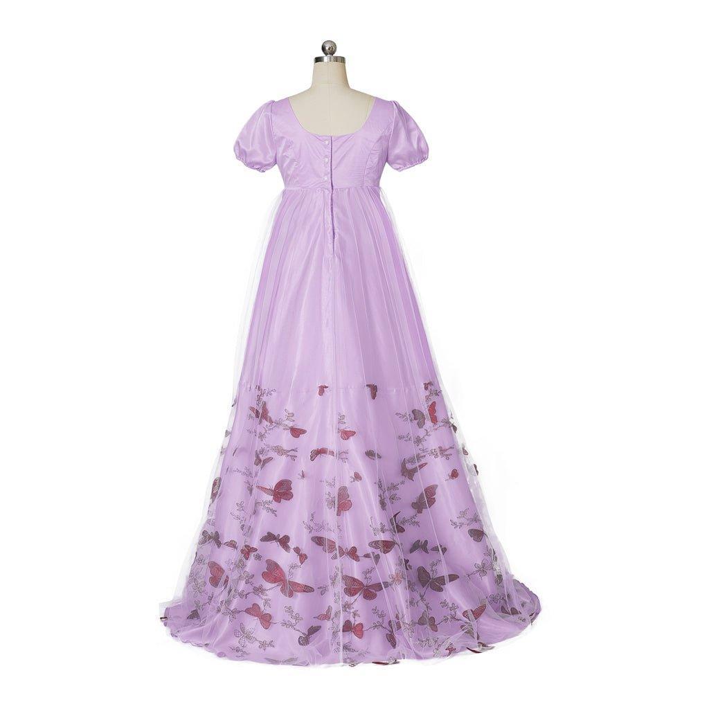 Bridgerton Inspired Purple Patterned Double-Layer Silk Empire Gown | Regency Era Cosplay Costume-Astricos