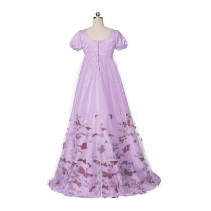 Bridgerton Inspired Purple Patterned Double-Layer Silk Empire Gown | Regency Era Cosplay Costume-Astricos