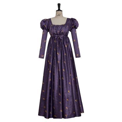Regency Empire Dress - Jane Austen Vintage High Waist Tea Party Ball Gown Purple Floral Puff-Astricos