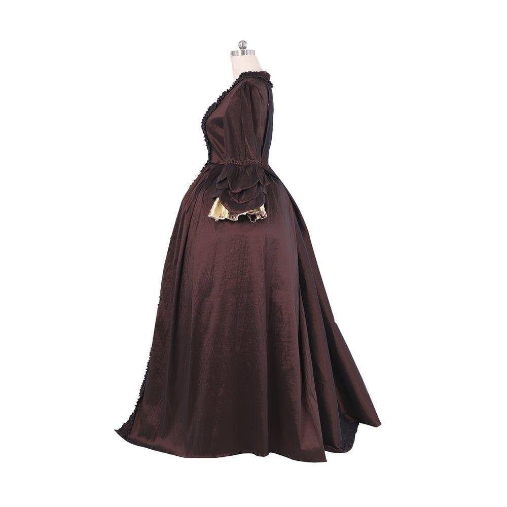 Rococo Coffee Brown Dress - Embroidered Brocade with Gold Accents | Elegant Women's Fashion-Astricos