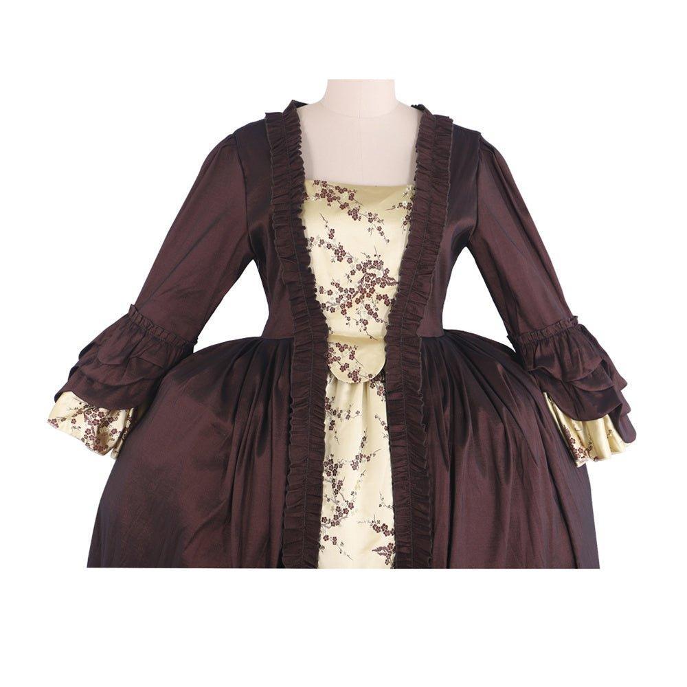 Rococo Coffee Brown Dress - Embroidered Brocade with Gold Accents | Elegant Women's Fashion-Astricos