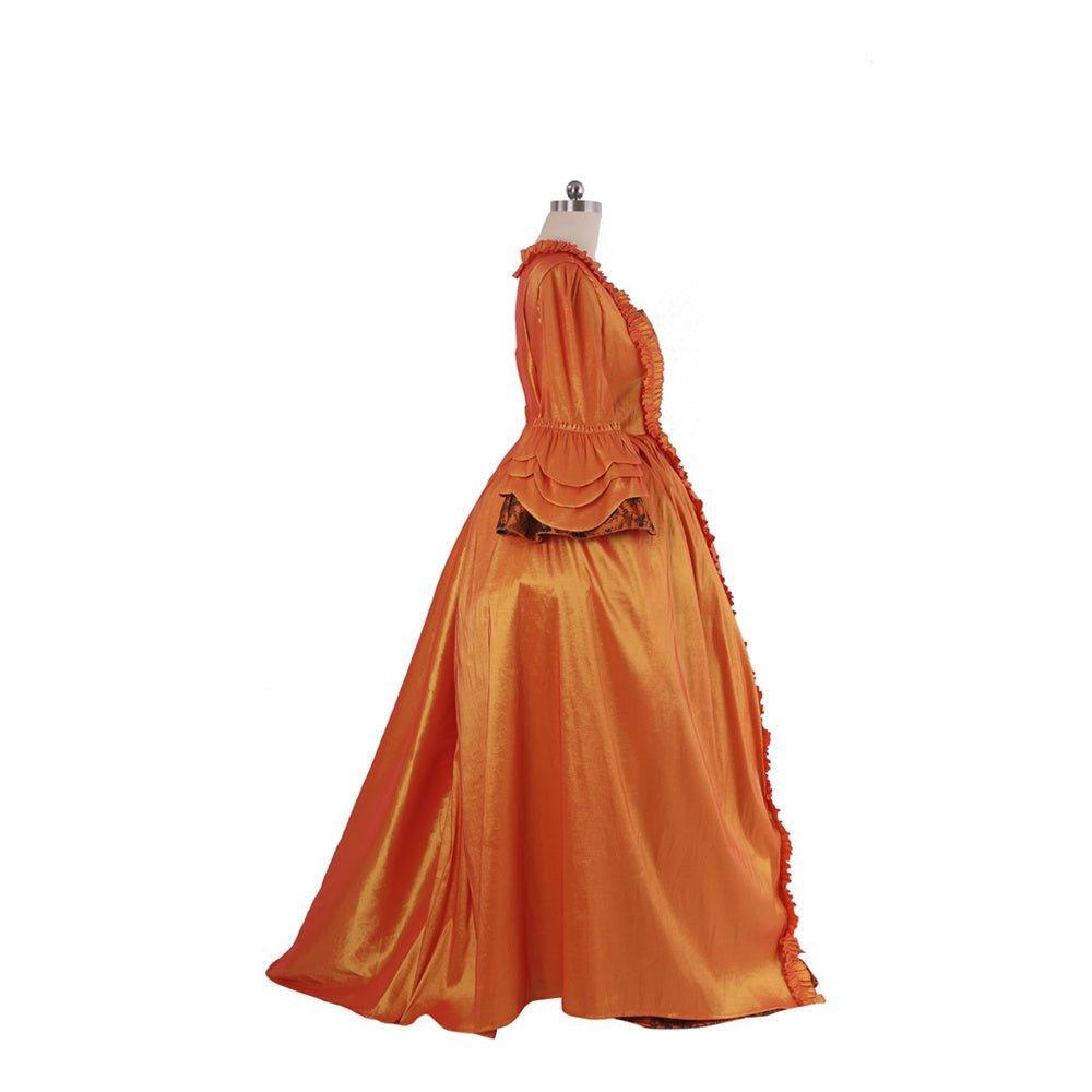 Vivid Medieval Rococo Orange Brocade Dress with Floral Chest Band - Astricos Costume-Astricos