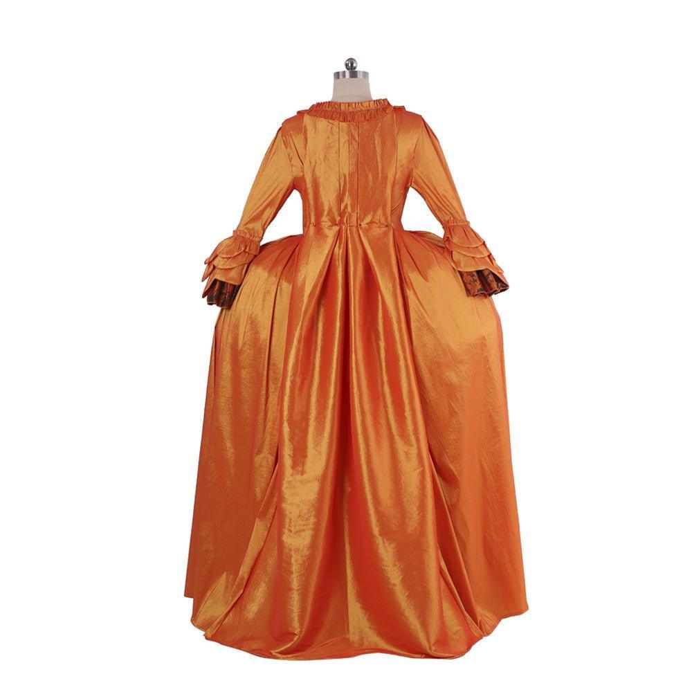 Vivid Medieval Rococo Orange Brocade Dress with Floral Chest Band - Astricos Costume-Astricos
