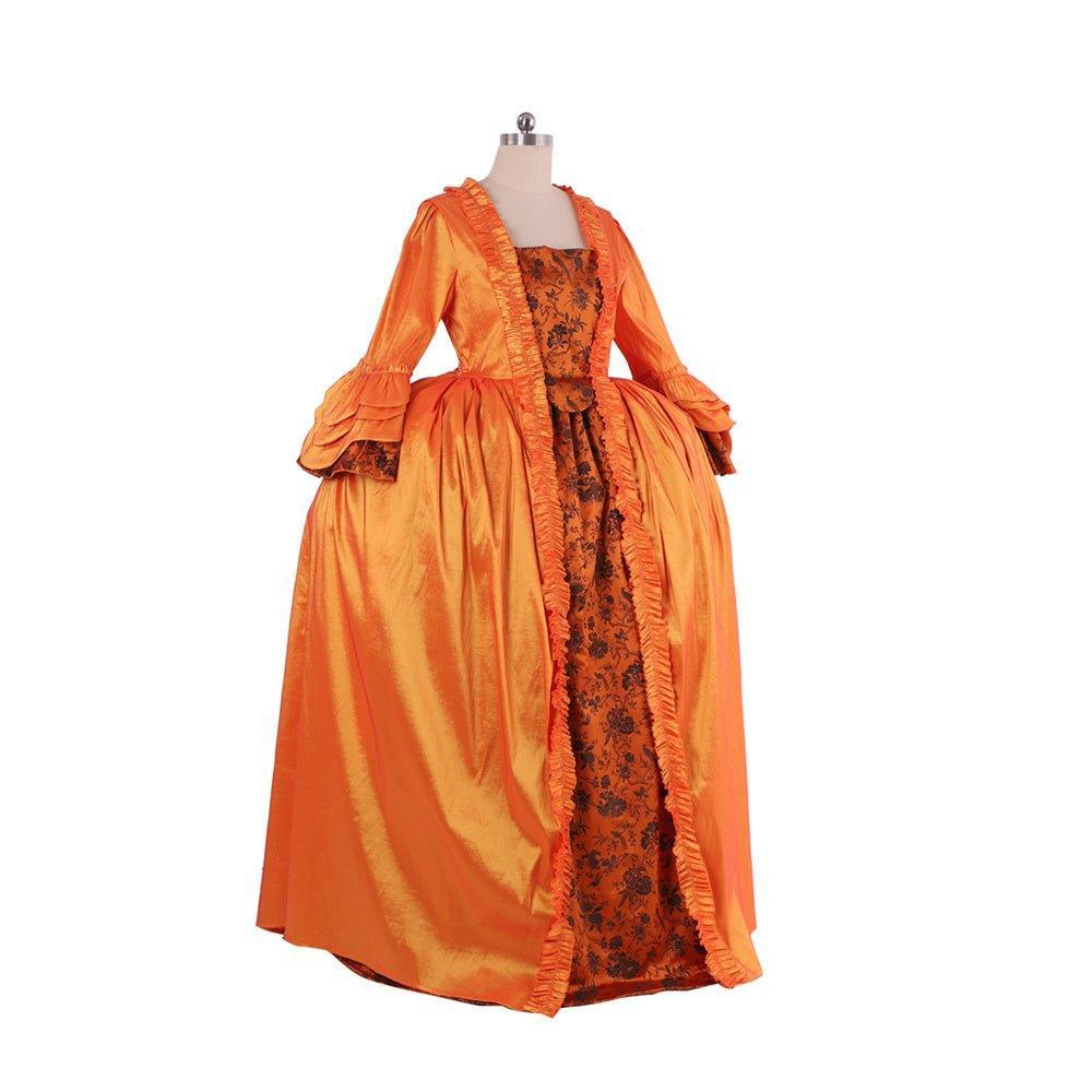 Vivid Medieval Rococo Orange Brocade Dress with Floral Chest Band - Astricos Costume-Astricos