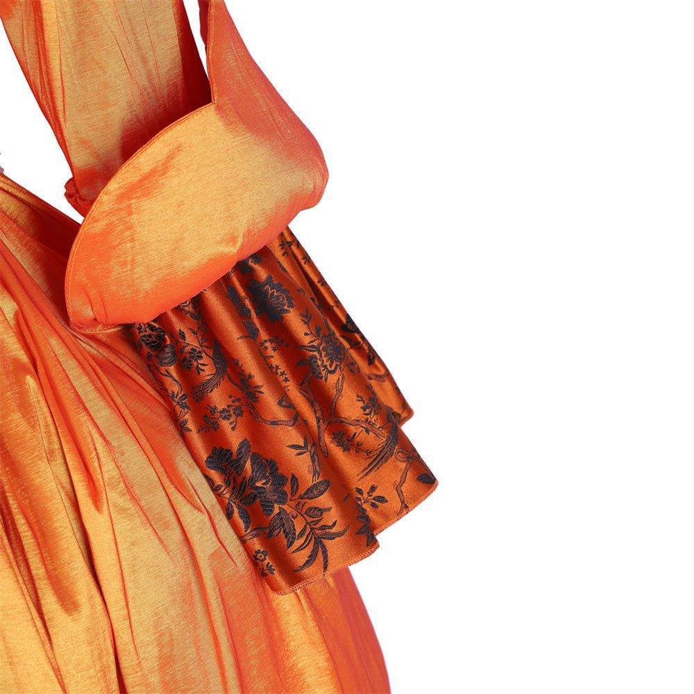 Vivid Medieval Rococo Orange Brocade Dress with Floral Chest Band - Astricos Costume-Astricos