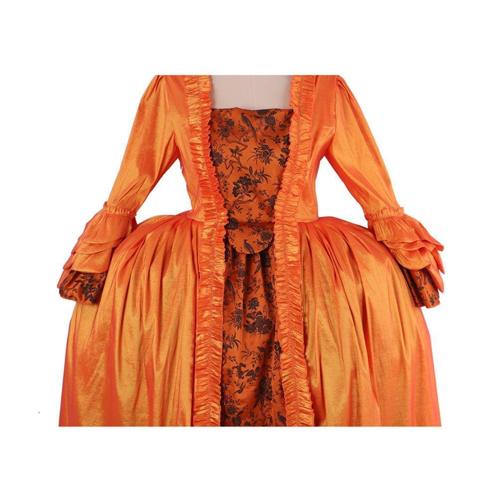 Vivid Medieval Rococo Orange Brocade Dress with Floral Chest Band - Astricos Costume-Astricos