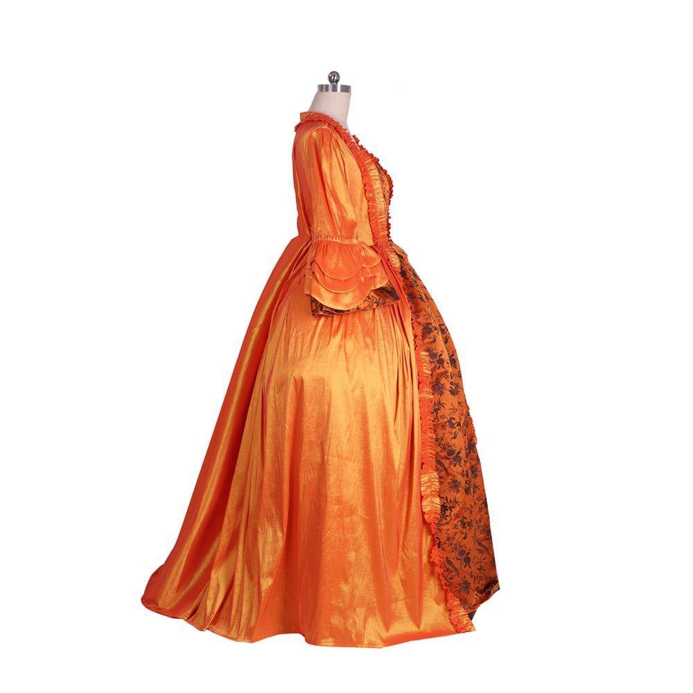 Vivid Medieval Rococo Orange Brocade Dress with Floral Chest Band - Astricos Costume-Astricos