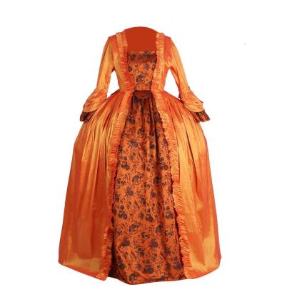 Vivid Medieval Rococo Orange Brocade Dress with Floral Chest Band - Astricos Costume-Astricos