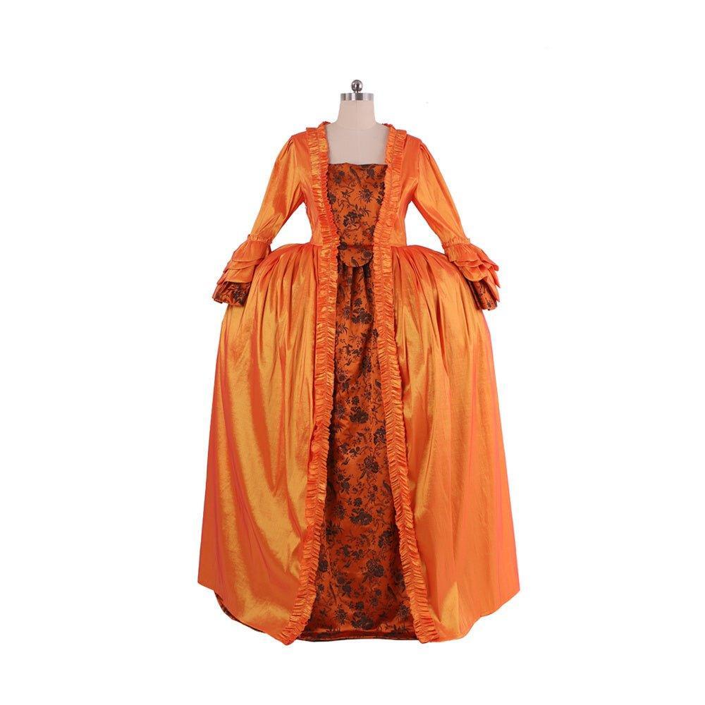 Vivid Medieval Rococo Orange Brocade Dress with Floral Chest Band - Astricos Costume-Astricos