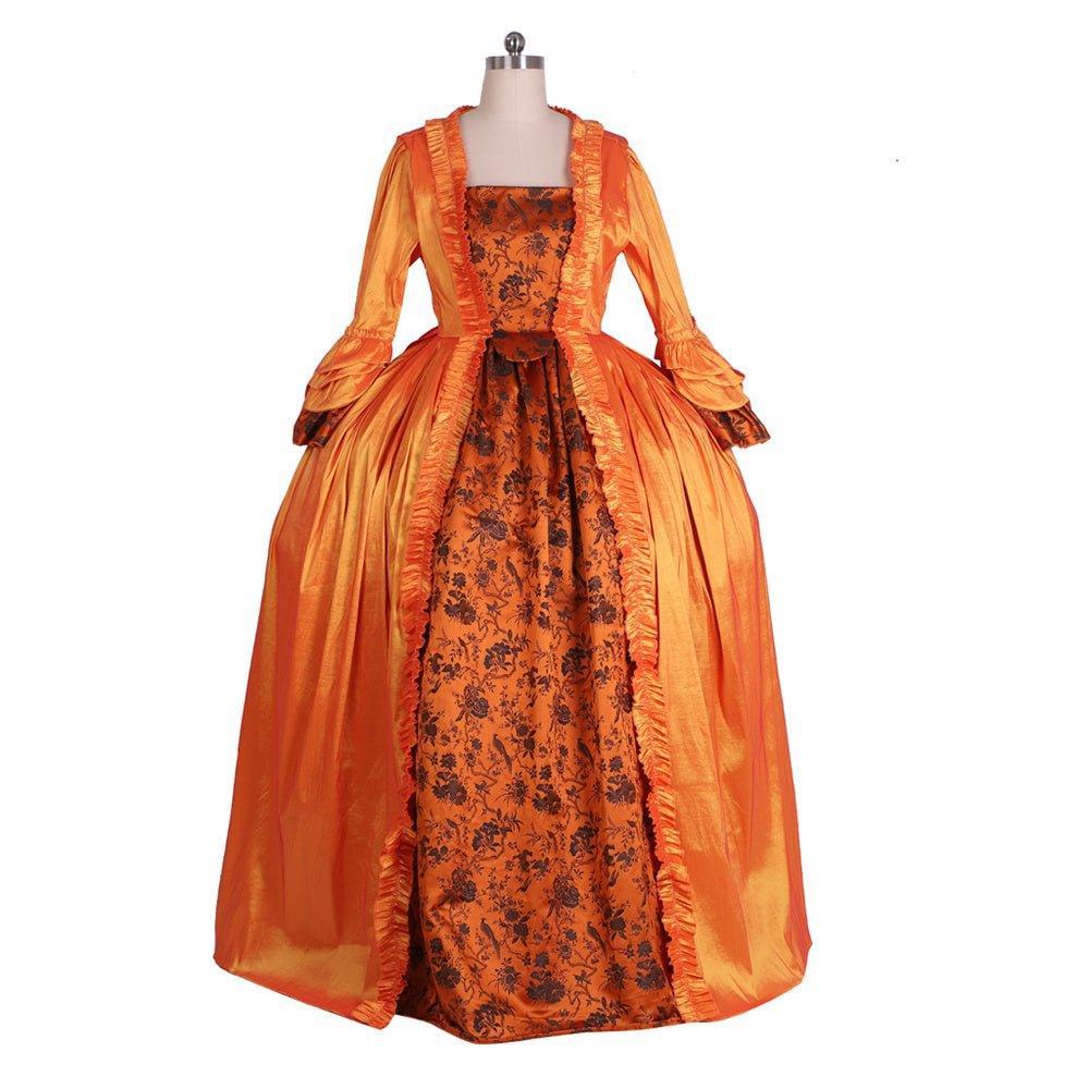 Vivid Medieval Rococo Orange Brocade Dress with Floral Chest Band - Astricos Costume-Astricos