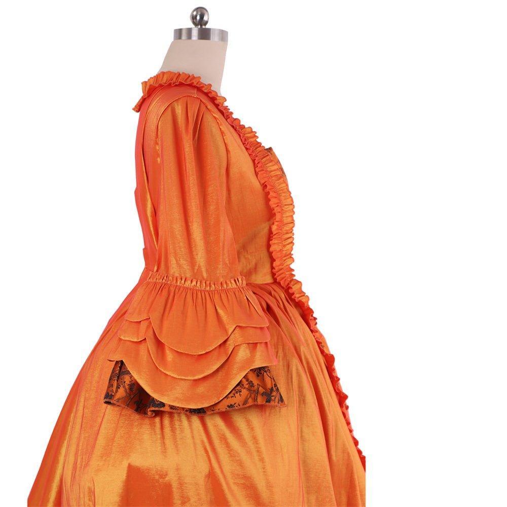Vivid Medieval Rococo Orange Brocade Dress with Floral Chest Band - Astricos Costume-Astricos