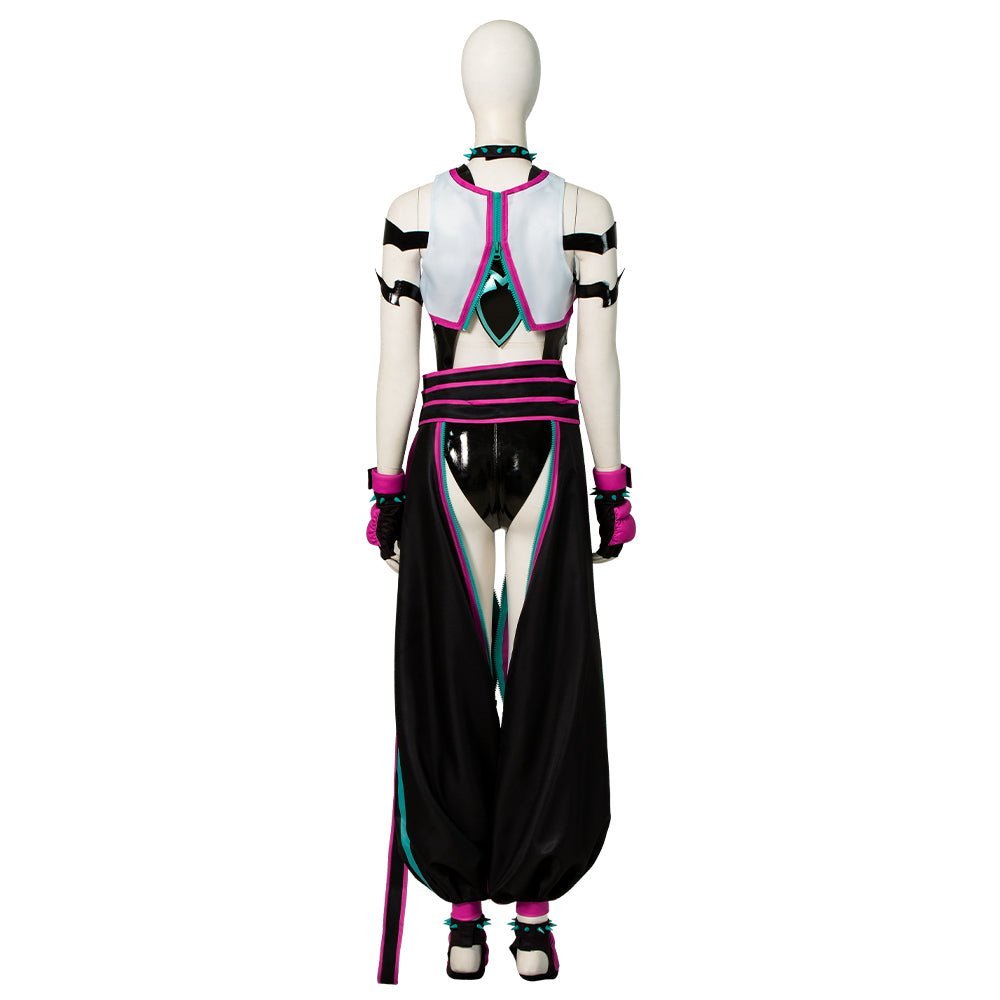 Street Fighter 6 Juri Cosplay Costume - Hollow Bodysuit Vest Pants Set with Gloves Belt - Astricos