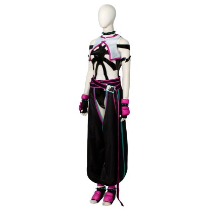 Street Fighter 6 Juri Cosplay Costume - Hollow Bodysuit Vest Pants Set with Gloves Belt - Astricos