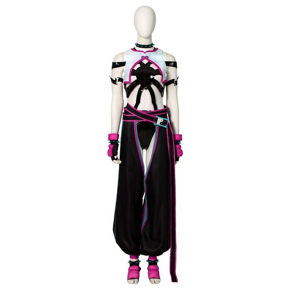 Street Fighter 6 Juri Cosplay Costume - Hollow Bodysuit Vest Pants Set with Gloves Belt - Astricos