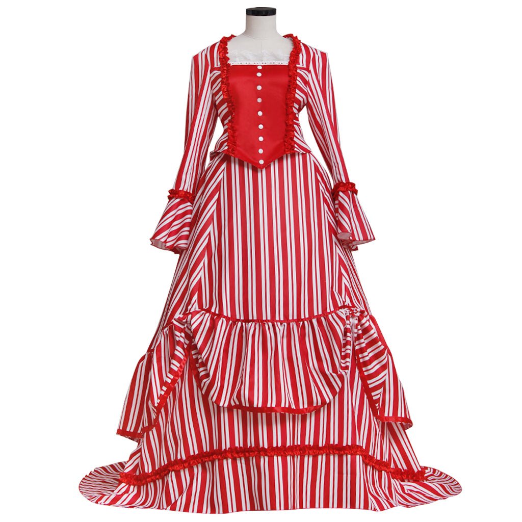 Sweeney Todd Mrs. Lovett Victorian Bustle Dress Cosplay Costume – Red & White Striped Gown-Astricos
