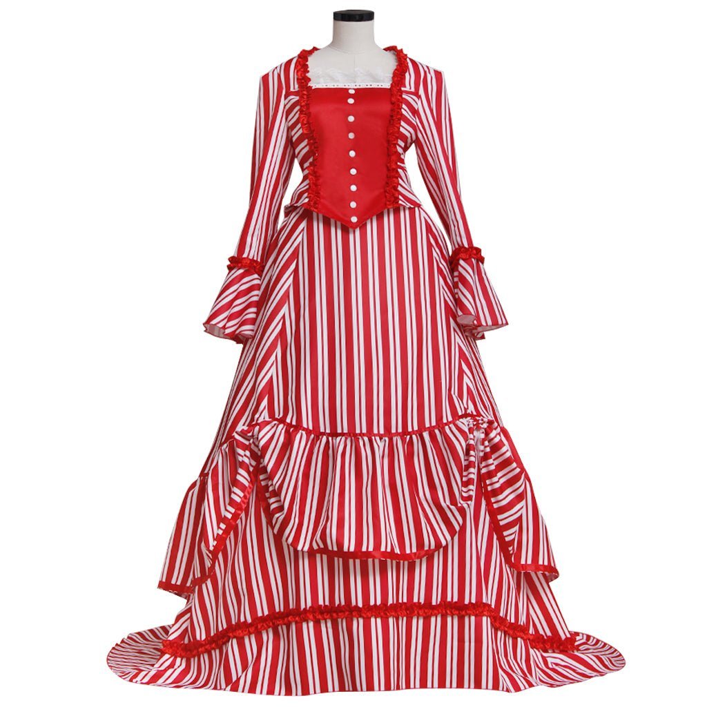 Sweeney Todd Mrs. Lovett Victorian Bustle Dress Cosplay Costume – Red & White Striped Gown-Astricos