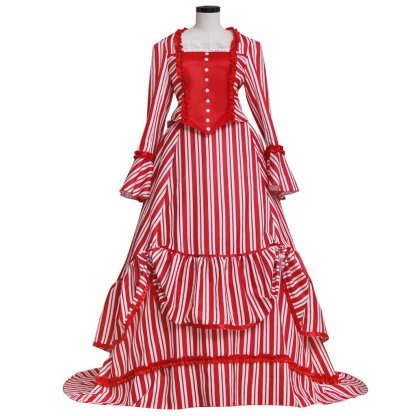Sweeney Todd Mrs. Lovett Victorian Bustle Dress Cosplay Costume – Red & White Striped Gown-Astricos