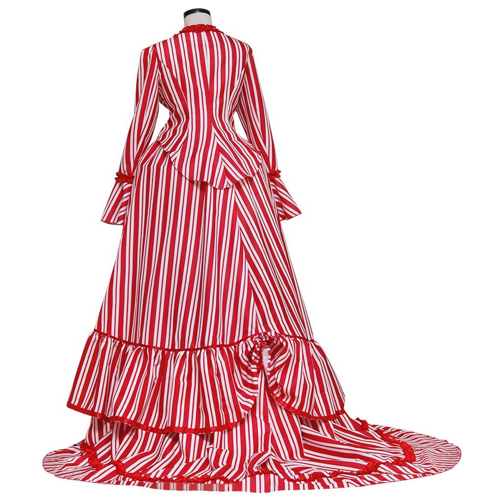 Sweeney Todd Mrs. Lovett Victorian Bustle Dress Cosplay Costume – Red & White Striped Gown-Astricos