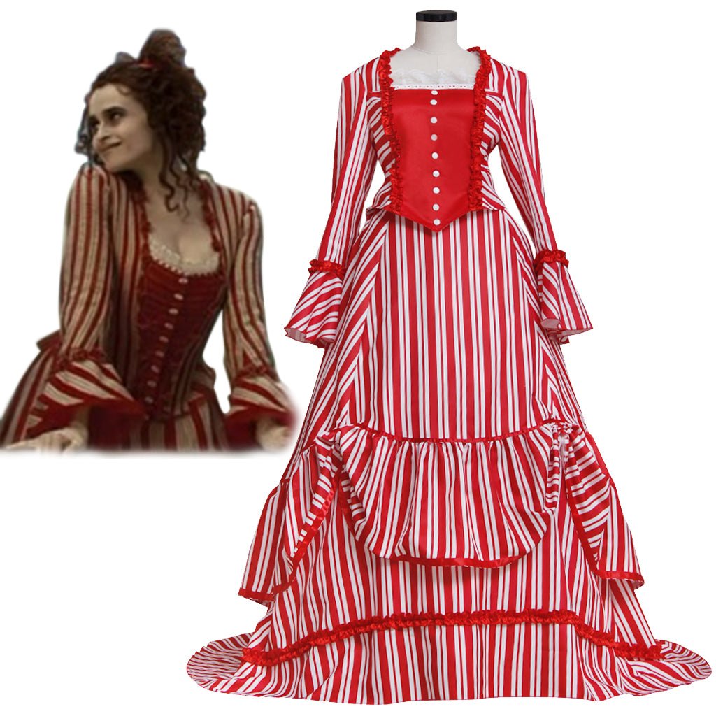 Sweeney Todd Mrs. Lovett Victorian Bustle Dress Cosplay Costume – Red & White Striped Gown-Astricos