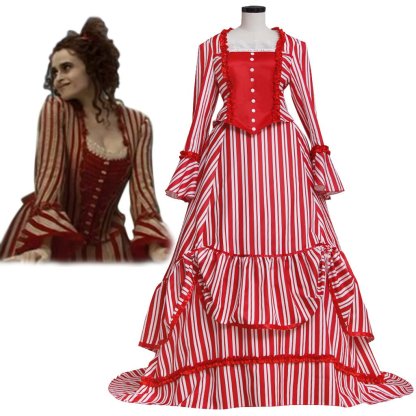 Sweeney Todd Mrs. Lovett Victorian Bustle Dress Cosplay Costume – Red & White Striped Gown-Astricos