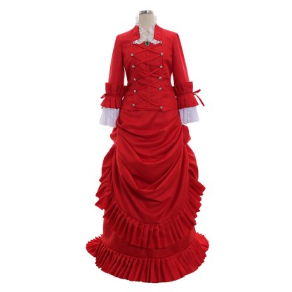 Victorian Red Bustle Ball Dress | 1860s Duchess Strap Gown for Cosplay & Historical Events-Astricos