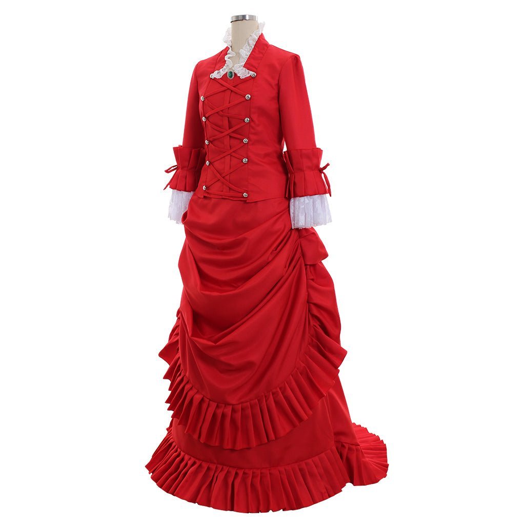 Victorian Red Bustle Ball Dress | 1860s Duchess Strap Gown for Cosplay & Historical Events-Astricos