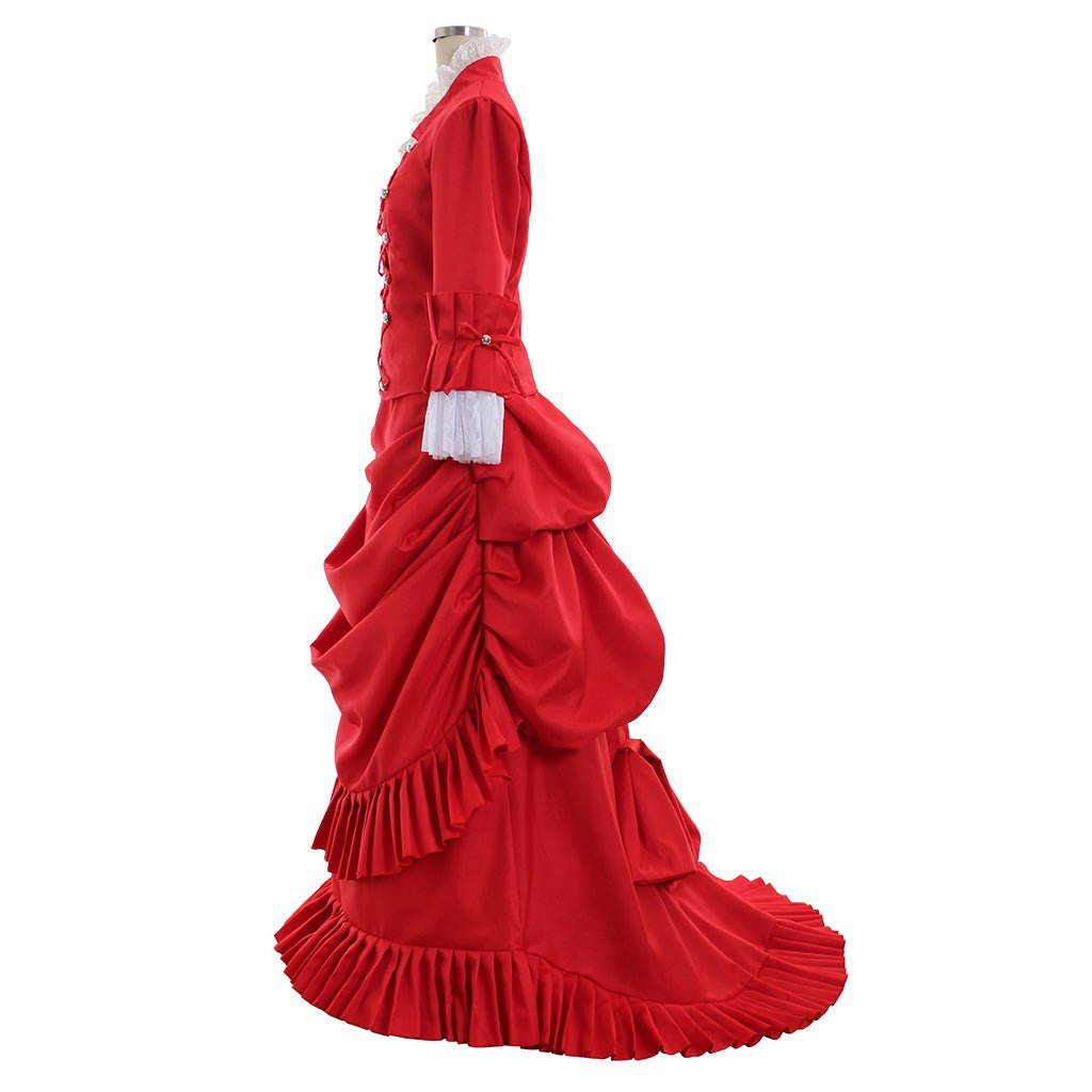 Victorian Red Bustle Ball Dress | 1860s Duchess Strap Gown for Cosplay & Historical Events-Astricos