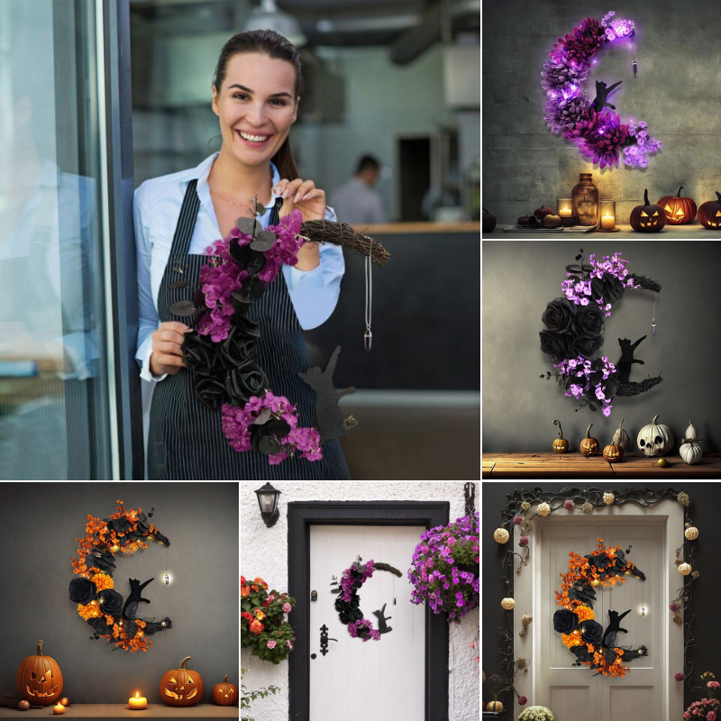 🎃Halloween Wreath Moon Decorations Purple Floral Cat Door Sign Hanging Ornament Wall 